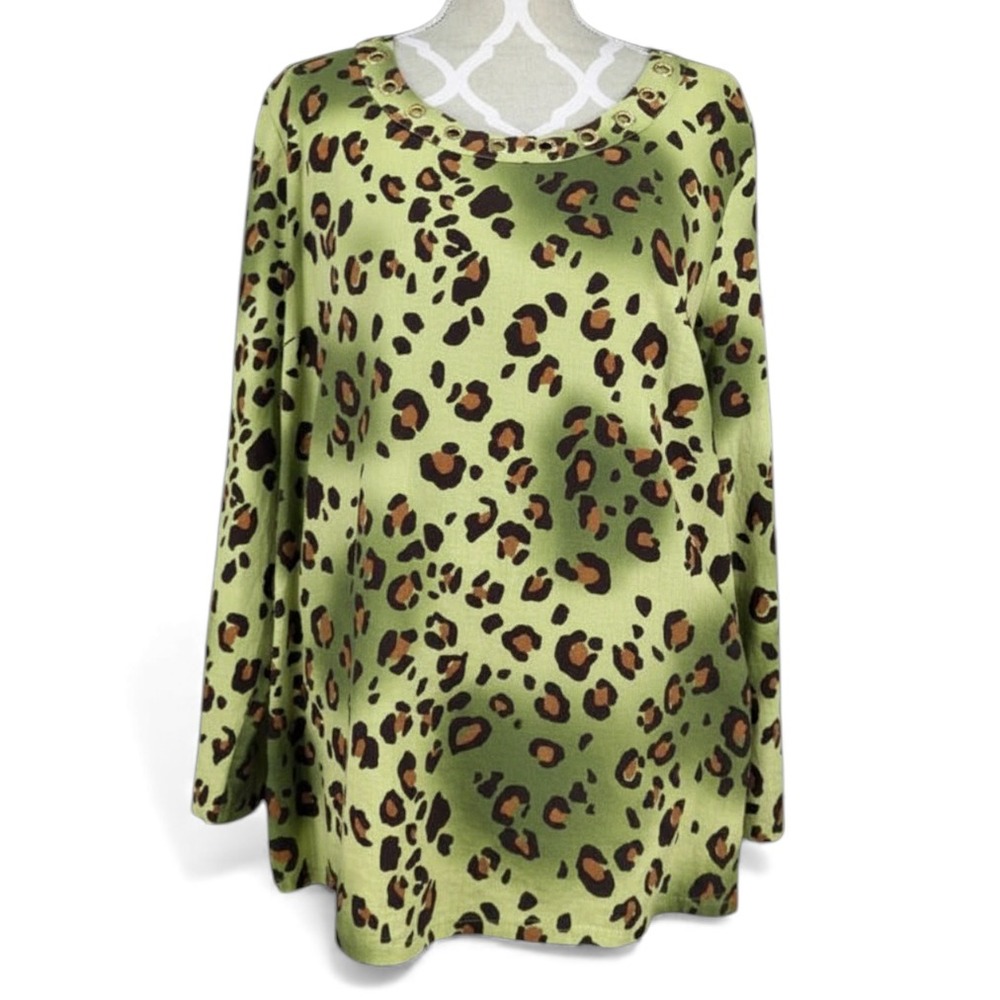 CAROLE LITTLE Linen Blend TUNIC TOP BLOUSE Lime Green GOLD GROMMETS Leopard 1X